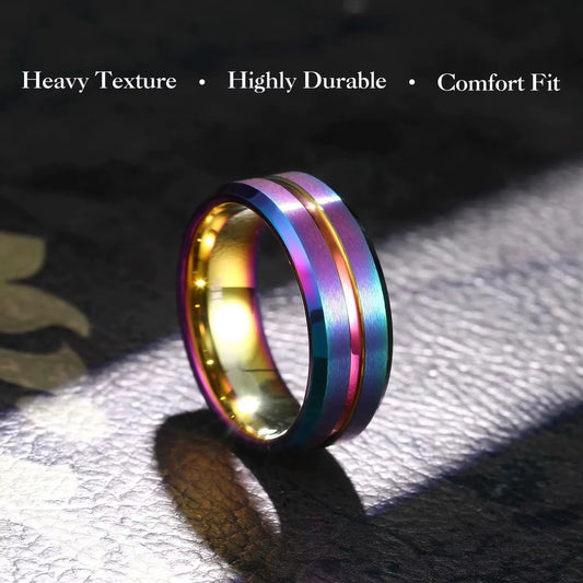 Fashion 8Mm Rainbow Stainless Steel Rings for Men Women Matte Finish High Polished Beveled Edge Men Rings Wedding Bands Jewelry