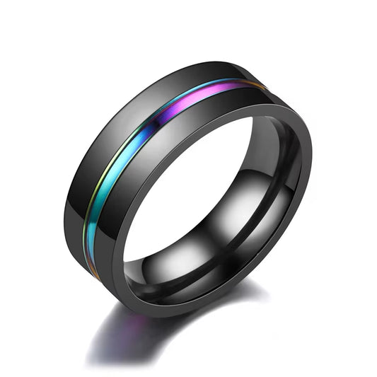 8MM Black Titanium Ring for Men Boys Simple Stainless Steel Rings Trendy Rainbow Groove Rings Jewelry Accessories Gifts